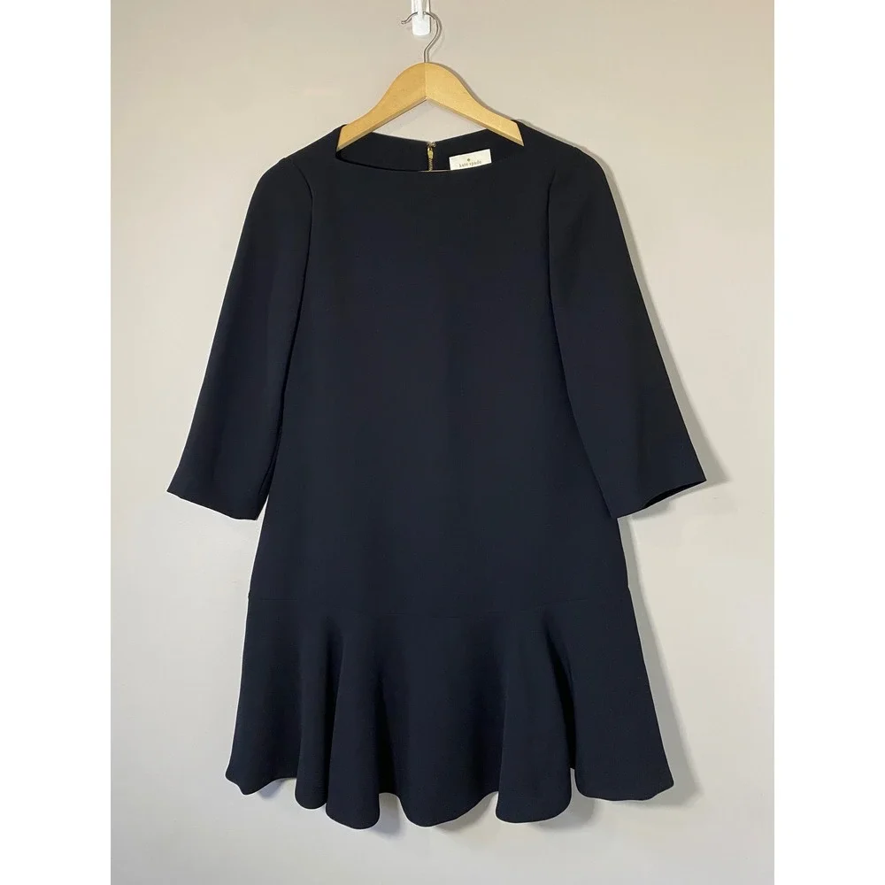 Kate Spade New York EUC Black Drop Waist Flounce Hem Dress 3/4 Sleeve Size 2 LBD